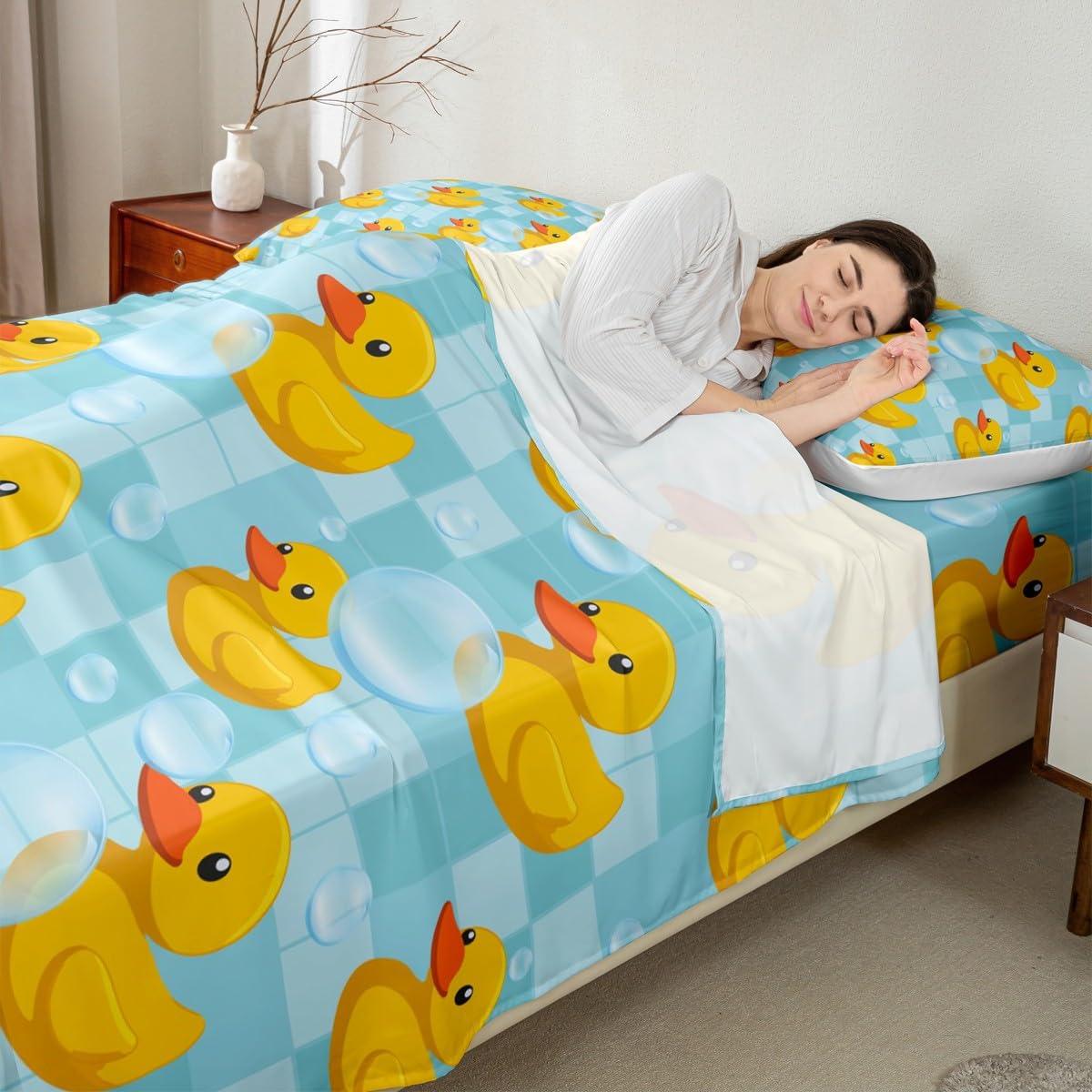Erosebridal Kids Cute Yellow Duck Bed Sheets Full Size Boys Girls Blue Grid Plaid Flat Fitted Sheet Farmhouse Pet Animal Sheet Set Cartoon Ducks Sheets for Teens