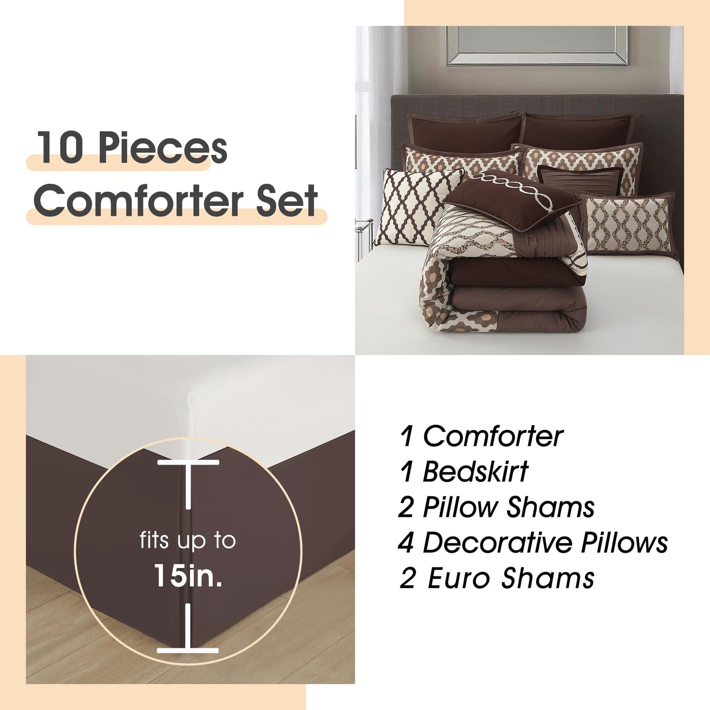 LANCO MODERN LIFESTYLE Queen Comforter Set, Brown, 10 Piece Bed in a Bag for All Seasons, Luxury Extreme Comfort Bedding Sets with Bedskirt, Pillow Shams, Euro Shams and Decor Pillows