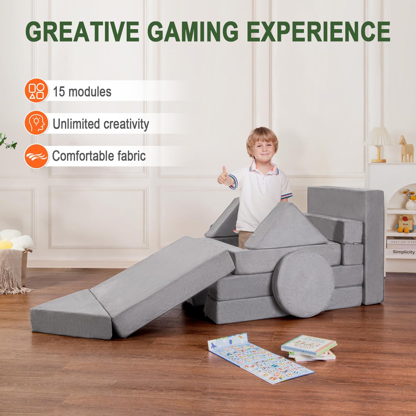 Kids Play Couch 15PCS, Modular Foam Sofa, Convertible Kids Play Set