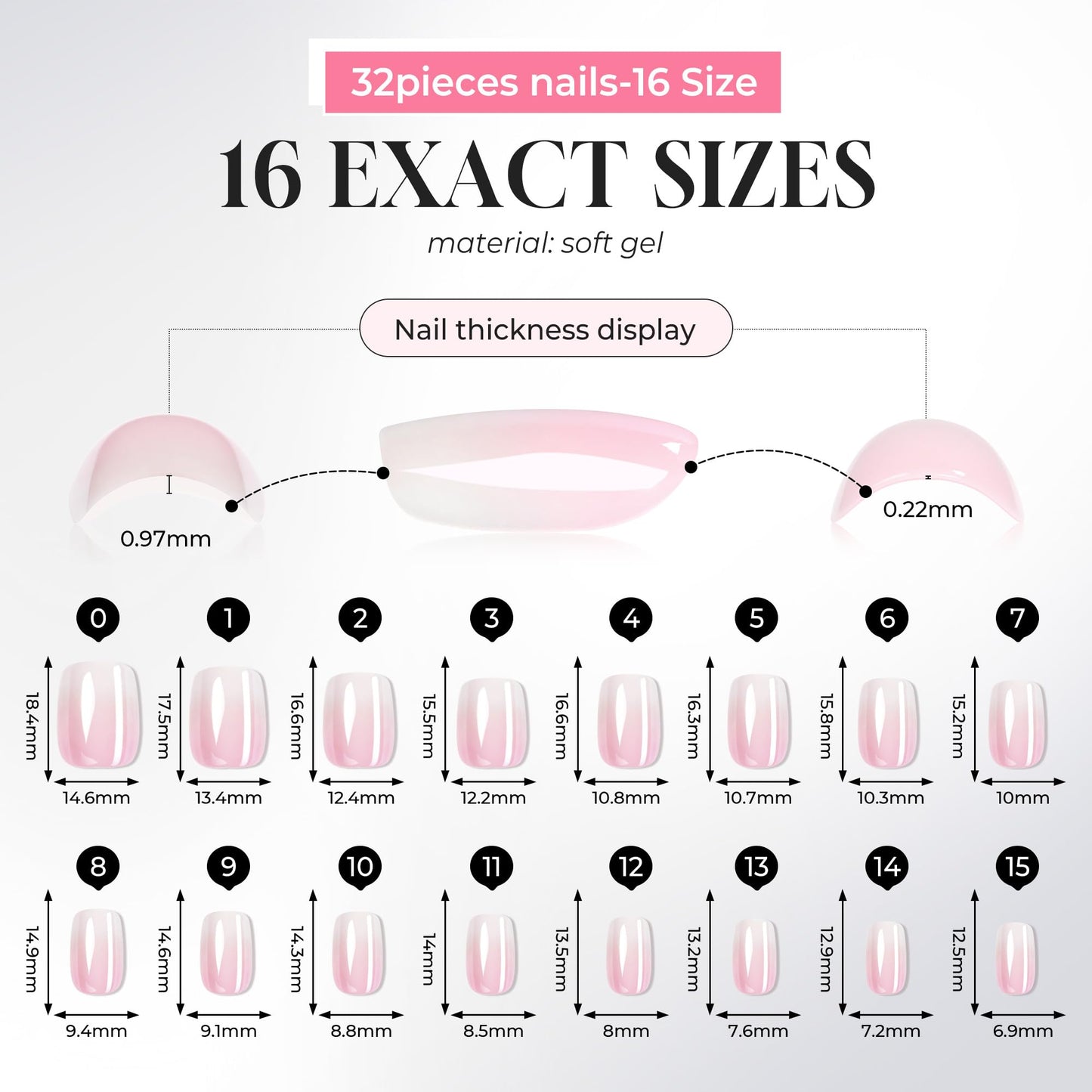 UNA GELLA Short Square Press On Nails - 32Pcs 16 Sizes Baby Boomer French Ombre Fake Nails with Glue and Adhesive Tabs, High Gloss Reusable Glue On Nails Kit for Women Manicure