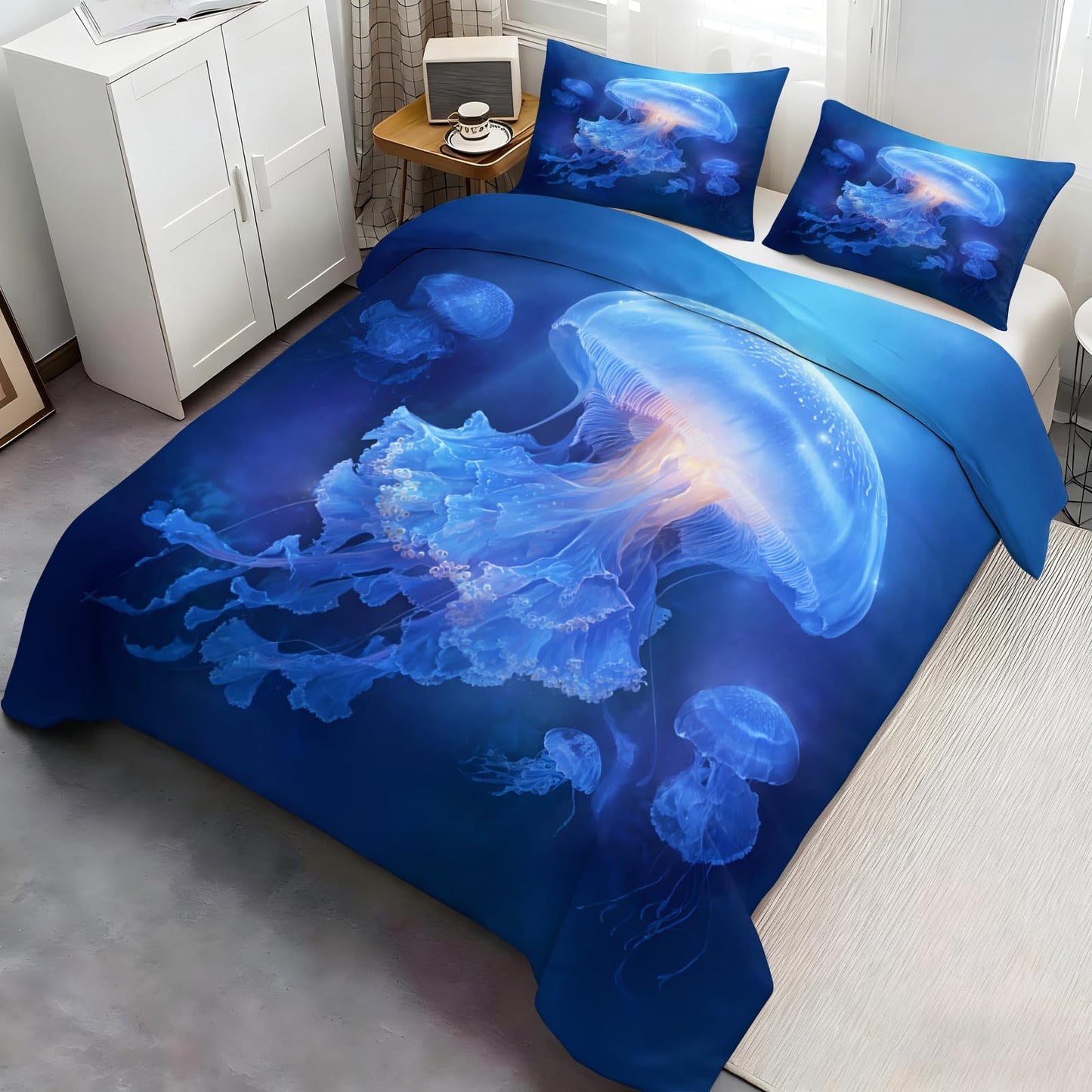 Glowing Jellyfish Duvet Cover King for Boys Girls, Kids Beach Underwater Sea Animal Jellyfish Printed Bedding Set 3 Pieces, Blue Ocean Nautical Dreamy Duvet Cover Set with 2 Pillow Case Microfiber