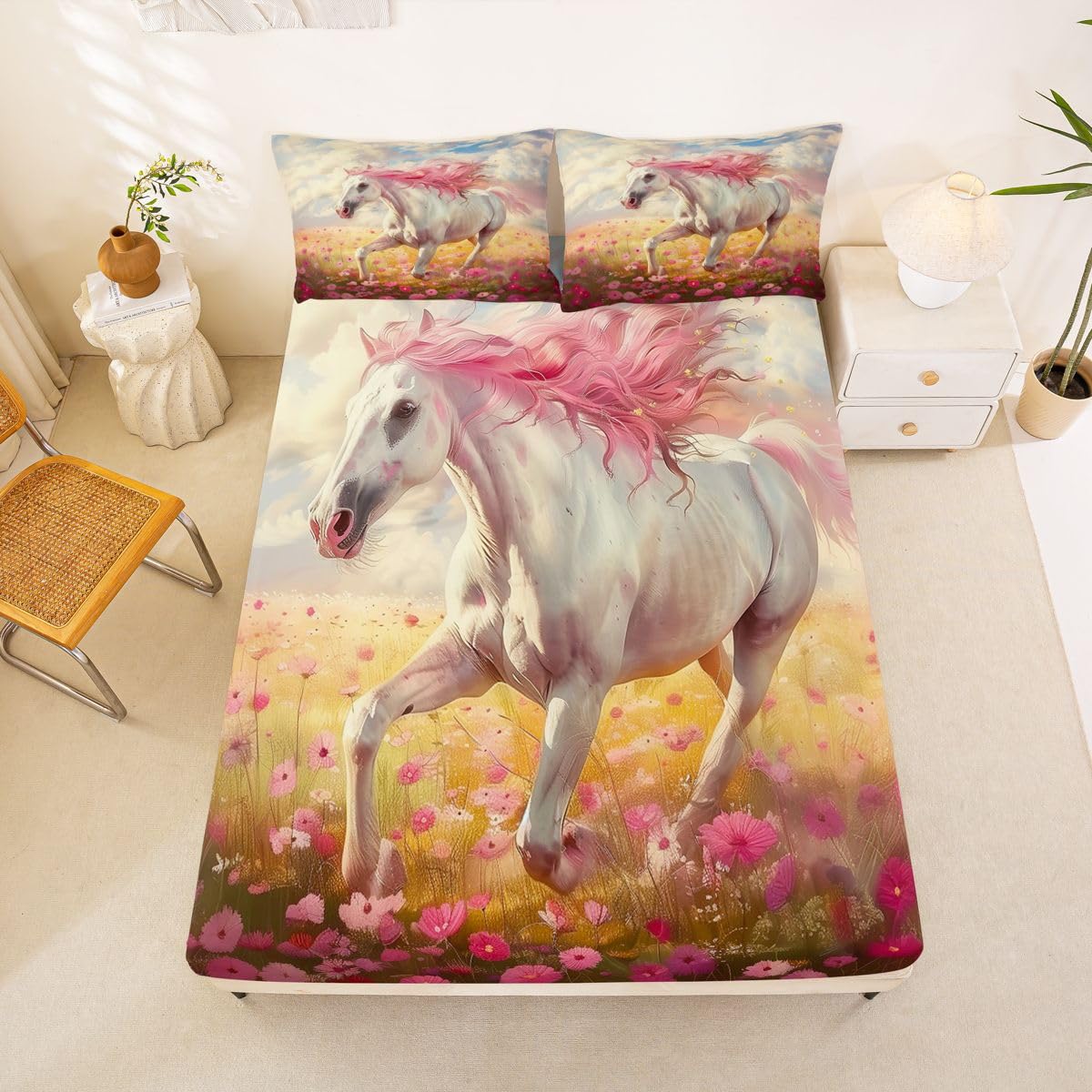 jejeloiu Galloping Horse Bed Sheets Set Queen Size Colorful Flower Deep Pocket Fitted Sheet Rustic Farmhouse Bedding Sets Wild Animal Soft Bed Set 4Pcs with 2 Pillow Cases