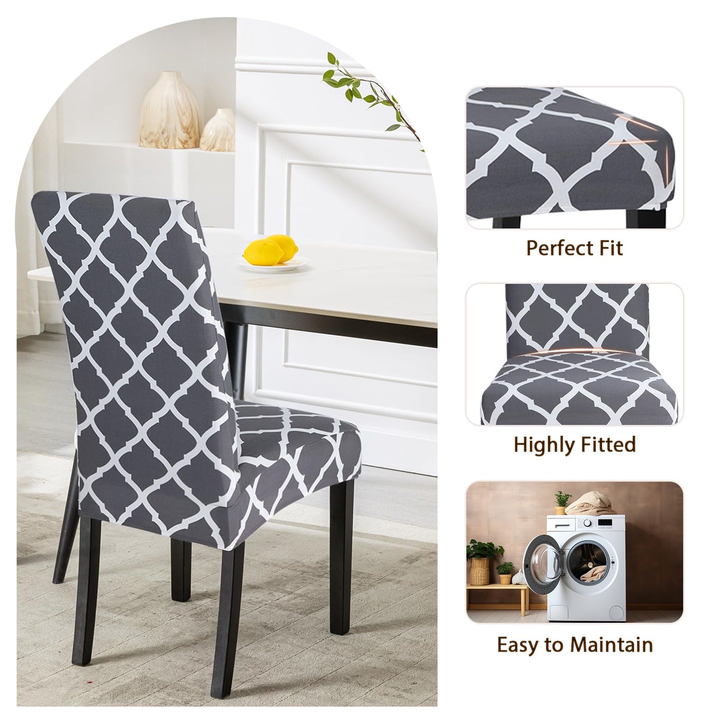 SearchI Dining Room Chair Covers Set of 4, Stretch Spandex Kitchen Slipcovers Removable Washable Geometric Parsons Protector for Room, Hotel, Ceremony (Gray+White)