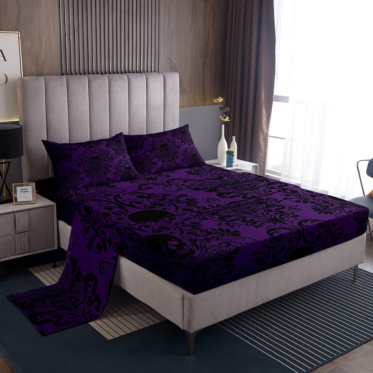 Feelyou Gothic Skull Bed Sheets Set Full Size Damask Print Deep Pocket Fitted Sheet Goth Bohemian Bedding Sets Black Purple Soft Bed Set 4Pcs with 2 Pillow Cases