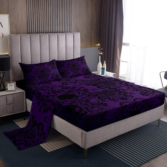Feelyou Gothic Skull Bed Sheets Set Full Size Damask Print Deep Pocket Fitted Sheet Goth Bohemian Bedding Sets Black Purple Soft Bed Set 4Pcs with 2 Pillow Cases