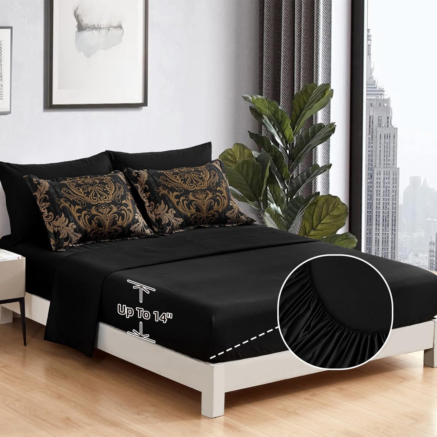WONGS BEDDING Black Comforter Set Queen Size, Gold Damask Texture 7 Pieces Bed in a Bag Microfiber Comforter Bedding Sets -1 Comforter, 1 Flat Sheet, 1 Fitted Sheet, 2 Pillow Shams, 2 Pillowcases