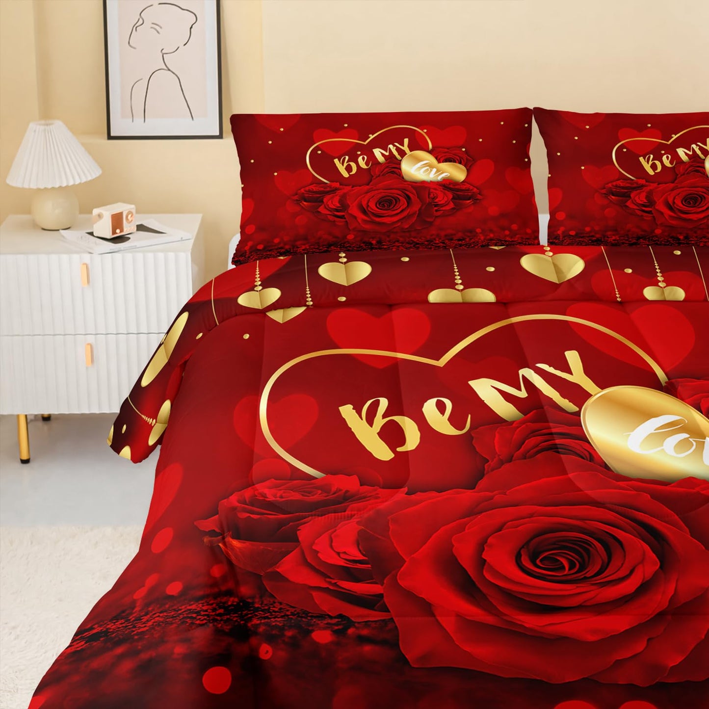 QOOMO Red Rose Kids Bedding Set,Plant Print Comforter Set Queen Size for Boys Girls Teen Room Decorat,Soft Lightweight Bed Set All Season,1 Comforter 2 Pillowcases