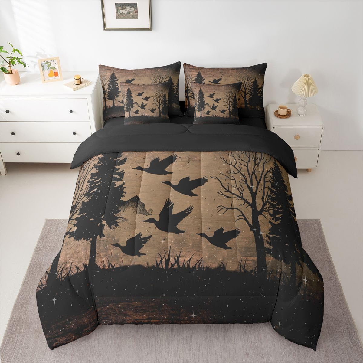 Feelyou Mallard Duck Queen Comforter Set with Sheets for Kids Boys Girls Hunting Duck 7 Pieces Bedding Set Rustic Farmhouse Woodland Bed in a Bag Country Animal Room Decor Soft Microfiber