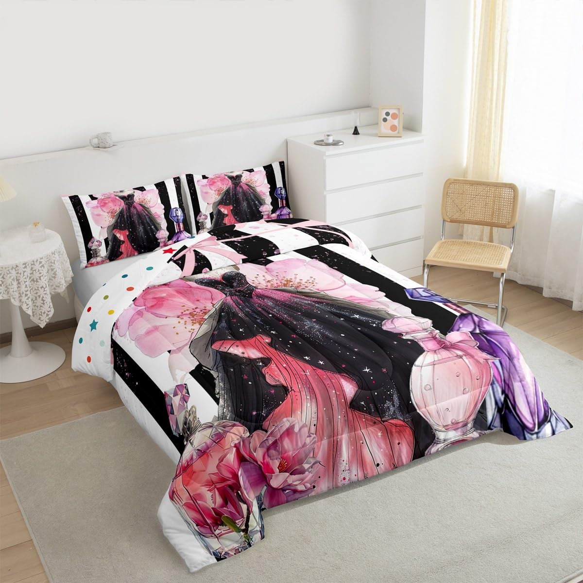 Erosebridal Girly Modern Fashion King Bedding Set | Girls Women Coquette Dress Comforter Set Black and White Striped Bed Collections Cute Coquette Bow Duvet Quilt Sets