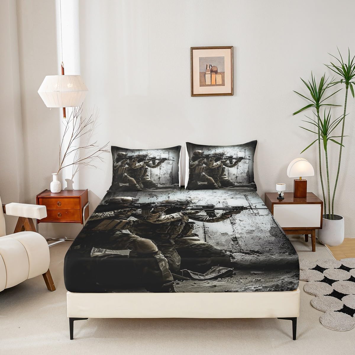 American Soldier Fitted Sheet, Boys Teens Under Mission Sheet Set, Rifle Machine Gun Bedding Set, Army Military Camo Fitted Bed Sheets Twin Camouflage Bedroom Decor for Youth Man No Top Flat Sheet
