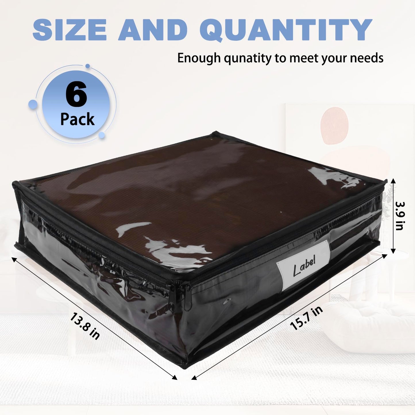 Heonay Clear Zippered Storage Bags Plastic Sweater Storage Bags with Zipper 6 Packs Clothing Organizer for Blankets Linen Sweater Bed Sheet Quilt Clothes Pillow (15.7 x 13.8 x 3.9 Inch, Black)