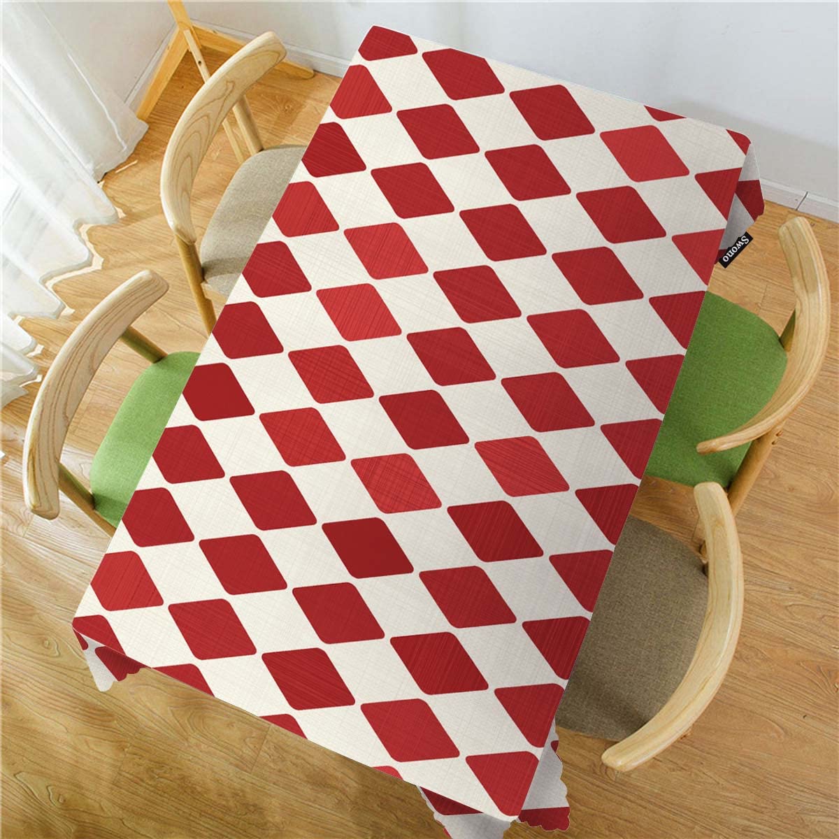 Swono Tablecloth Red Rhombuses, Retro Diamond Argyle Red Table Cloth for Kitchen Dining Tabletop Decoration Parties Weddings, 52 X 70 Inch Rectangle Picnic Tablecloth