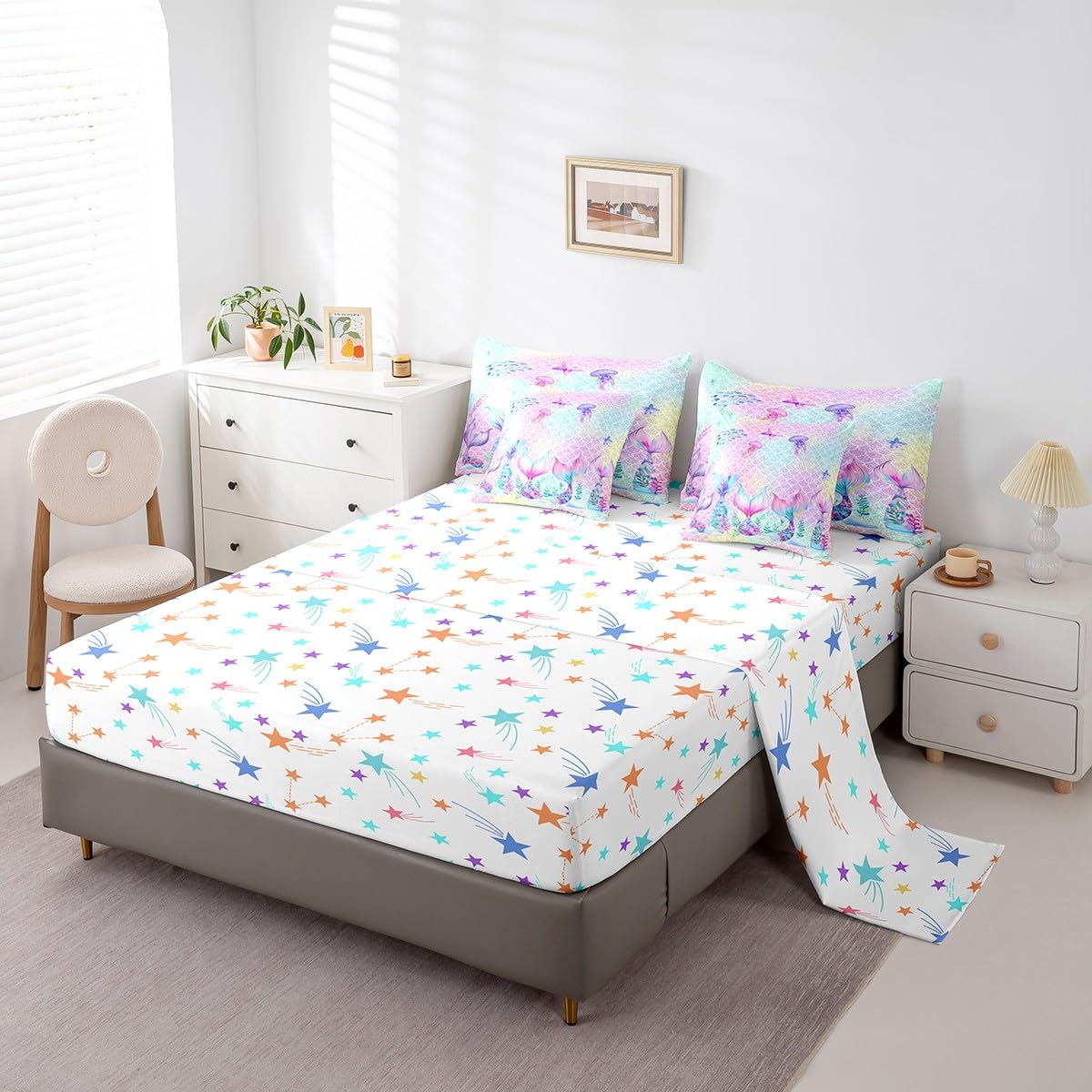 jejeloiu Mermaid Comforter Set with Sheets Queen Size Kids Sparkle Fish Scales 7 Pieces Bedding Set for Boys Girls Teens Ombre Ocean Marine Bed in a Bag Breathable Princess Decor Bedroom Decor