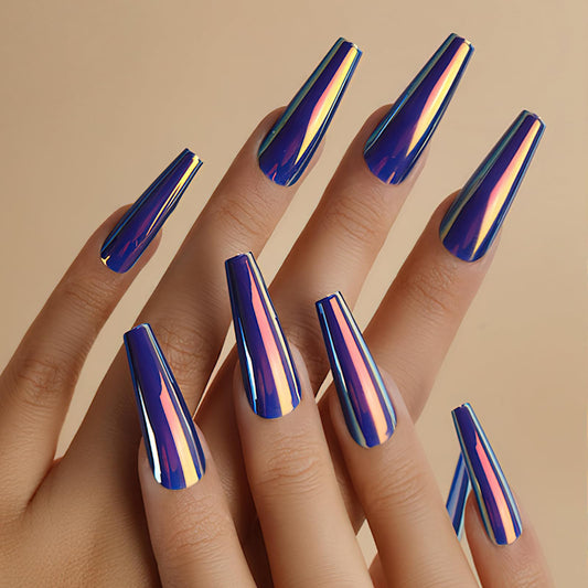 ROFIBUT 24PCS Chrome Press on Nails Fluorescent Laser Mirror Holographic Coffin False Nails Metallic Arts Long Ballerina Glue on Nails Holographic Coffin False Nails Laser Mirror Nails