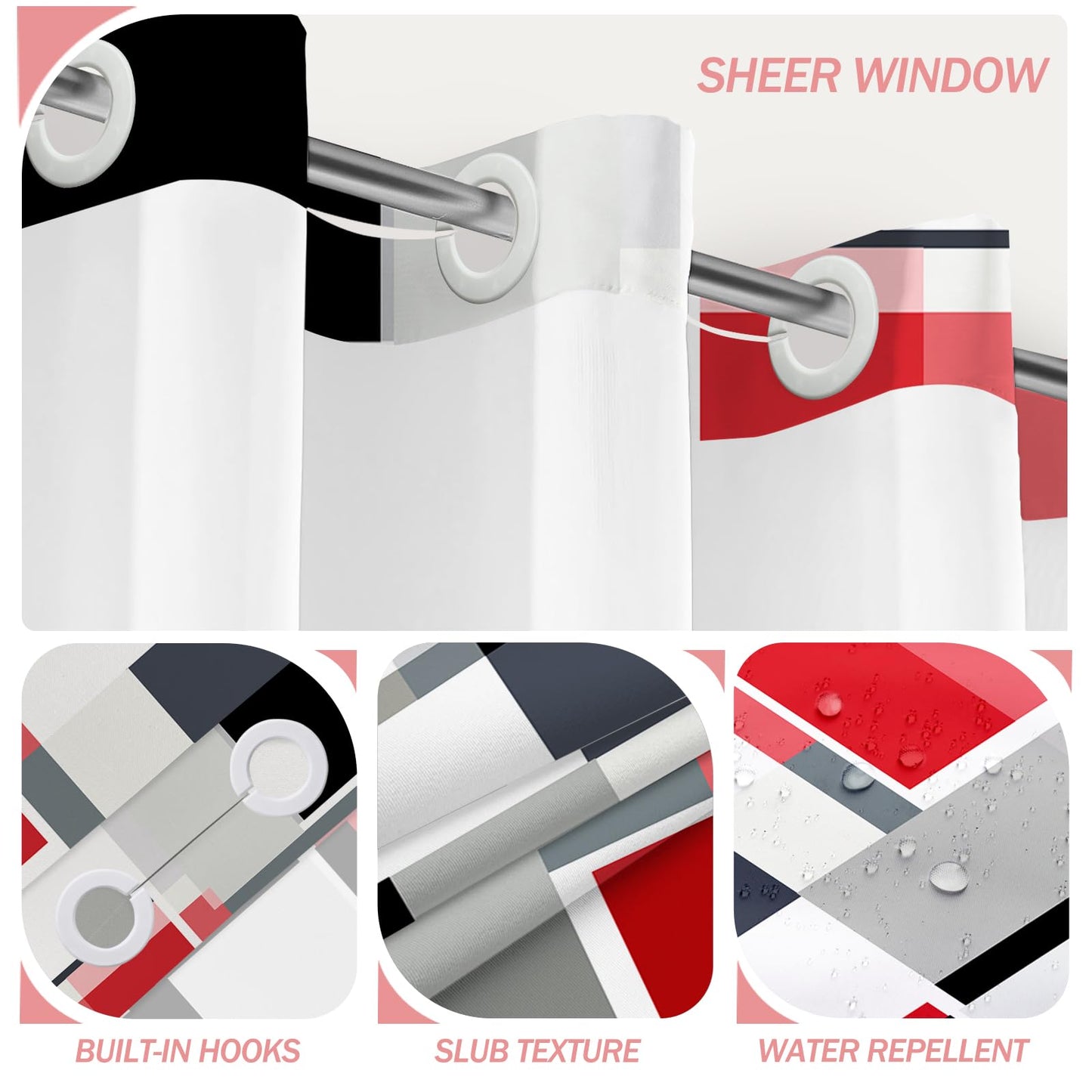Red Hookless Shower Curtain Set with Snap in Liner, Red Black White Bathroom Decor, 71x74 Inches, Geometric Bathroom Curtain with Liner and See Through Top Window