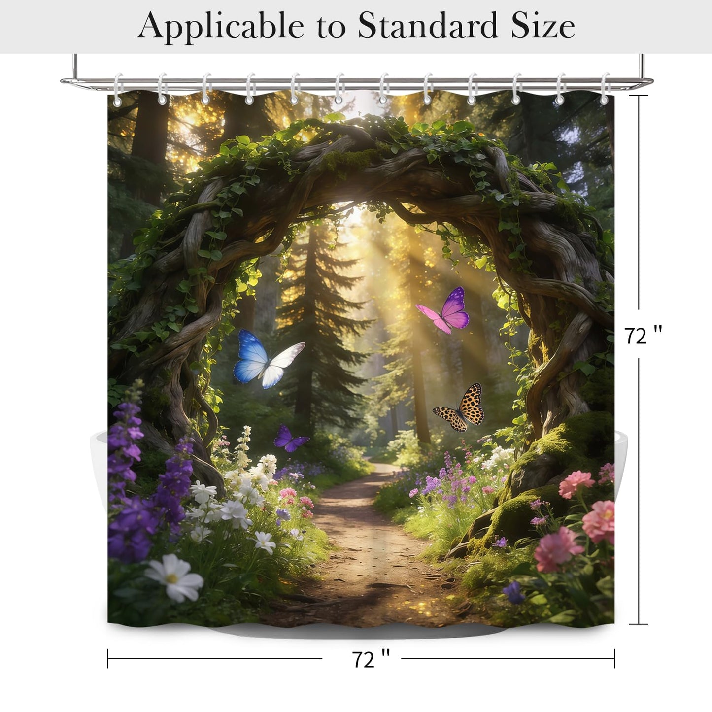NAEMBCU Enchanted Forest Shower Curtain with Hooks - 72x72 Inch Waterproof Fabric Bathroom Curtain with Butterfly, Wildflower and Woodland Path Design, Nature Scene Bath Curtain Decor