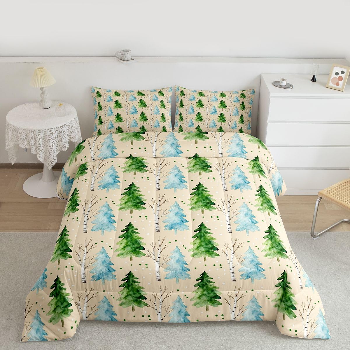 Erosebridal Pine Tree Comforter Set Spring Botanical Garden Full Size Bedding Sets for Young Boys | Christmas Trees Boho Plant Comforter Farmhouse Christmas Bed Set, Kawaii Room Decor Aesthetic