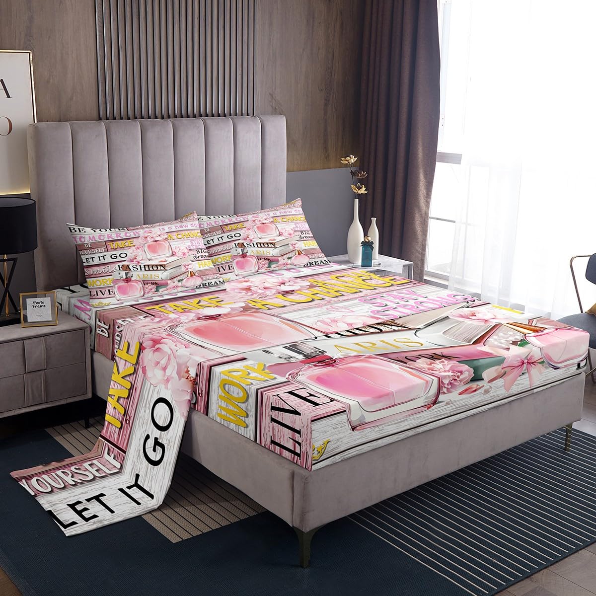 Erosebridal Pink Fashion Sheet Set King Size for Women Girls Kids Girly Aesthetic Modern Sheets Inspirational Quotes Trendy Elegant Coquette Cute Bedding Set Perfume Paris Preppy Pink Bow Bed Sheets