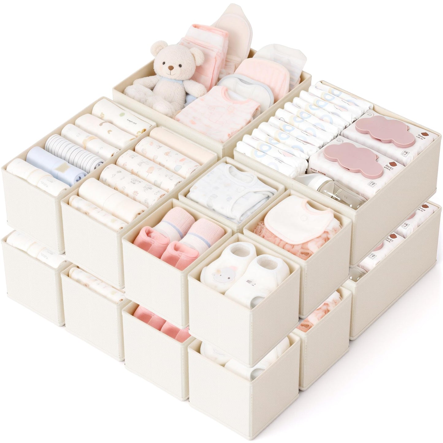 Stowsia Drawer Organizer, 16 Pack Baby Dresser Organizer for Nursery, Foldable Closet Organizers and Storage Dresser Dividers for Clothes, Socks, Scarves, Ties (Beige)