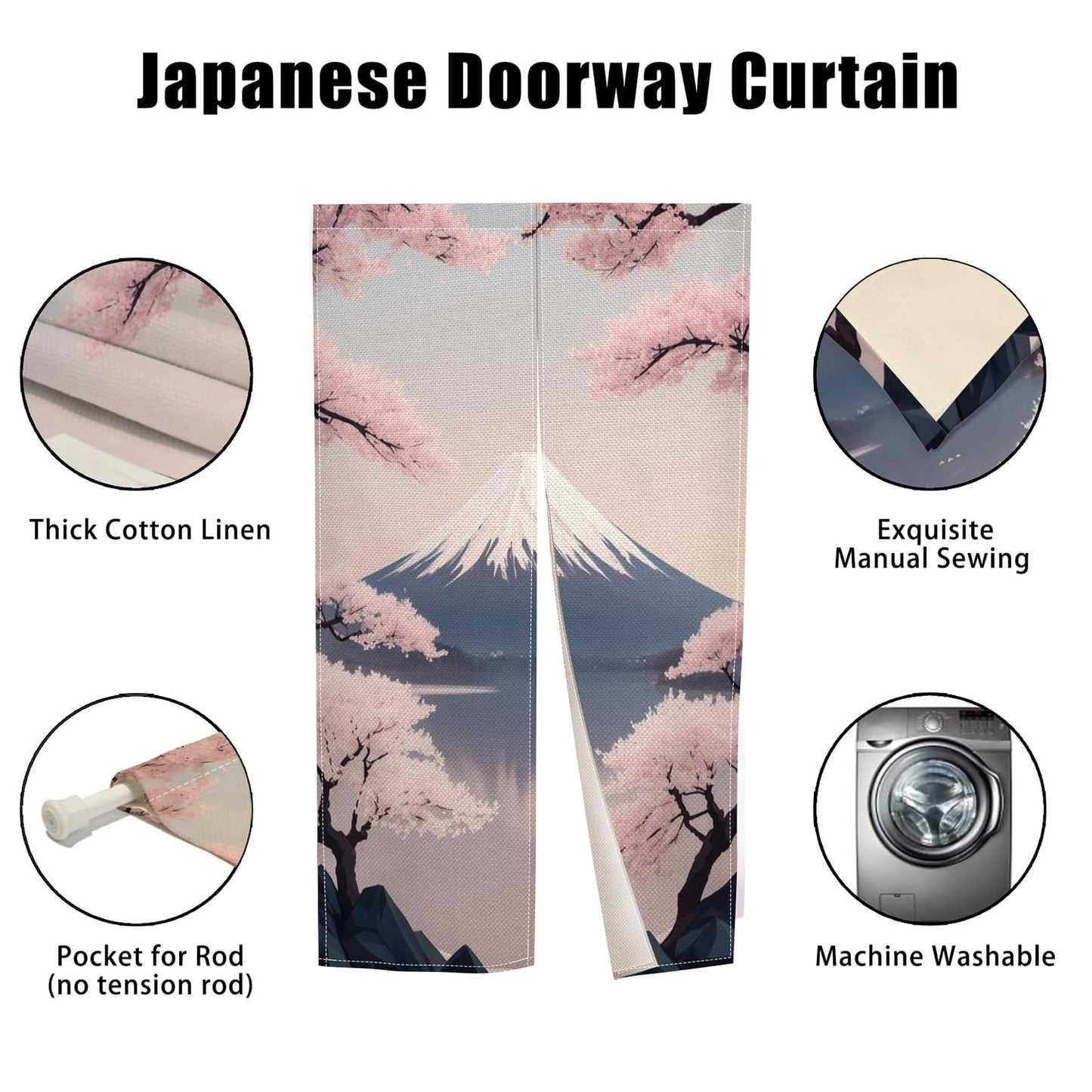 XMJJKUF Japanese Doorway Single Side Curtain Noren Cherry Sakura and Mount Fuji Artistic Painting Japanese Style Curtains Door Tapestry for Wall Hanging Home Decoration,33.5"x 70.9"