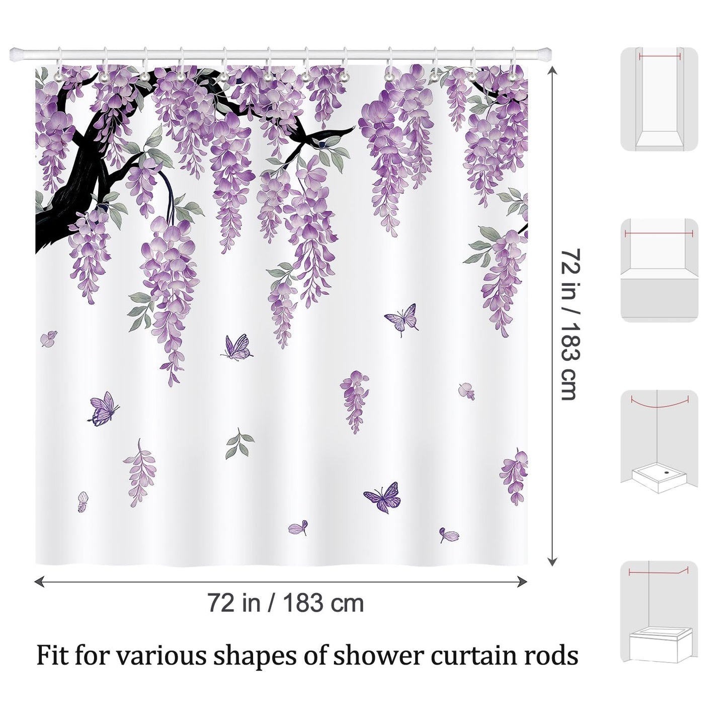 COZZSNUGE Purple Lavender Floral Shower Curtain,Spring Wisteria Flower Butterfly Lilac Girls Shower Curtain Waterproof Polyester for Bathroom with 12 Hooks, 72 x 72 Inches