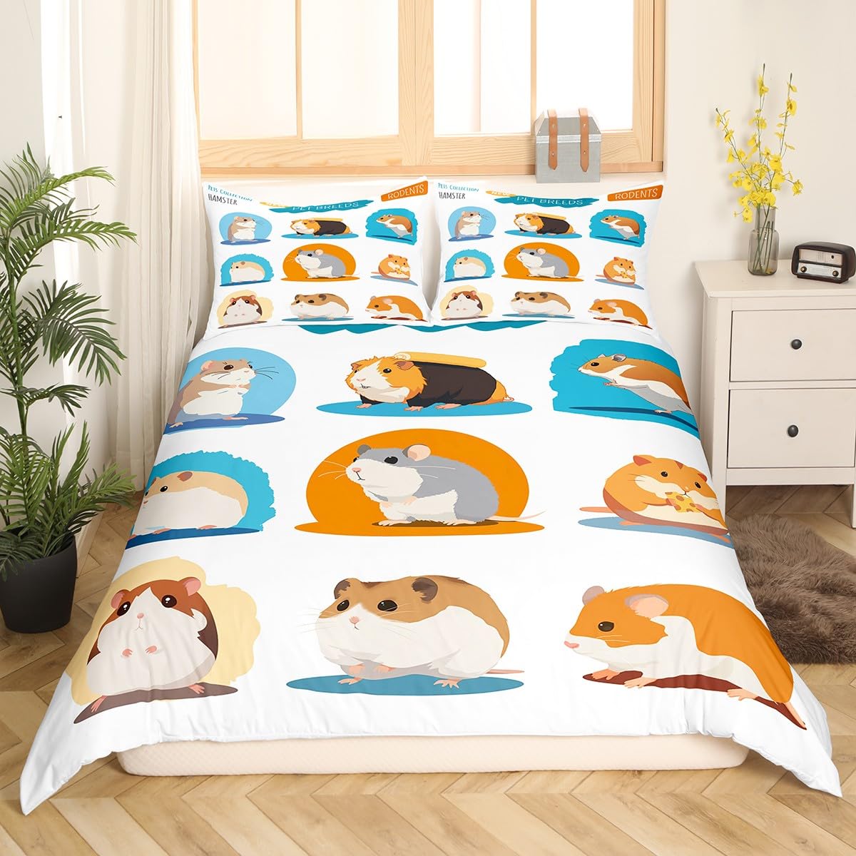 Feelyou Cute Hamster Bedding Set for Girls Boys Children Cartoon Pet Animal Comforter Cover Decorative Lovely Rodent Duvet Cover Pet Mouse Pattern Bedspread Cover Queen Size 3Pcs Bedclothes