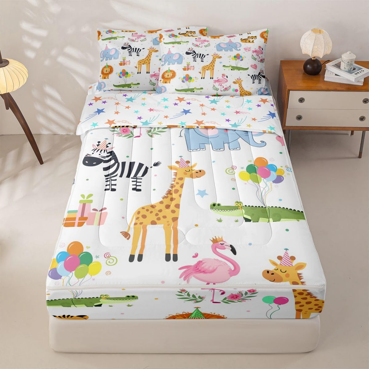 Erosebridal Party Animals Zip Up Comforter Set Nursery Funny Cartoon Wild Animals Twin Zipper Bedding Kids Flamingo Giraffe Elephant Zebra Crocodile Bed Set with Sheets Love Heart Floral Bed in a Bag