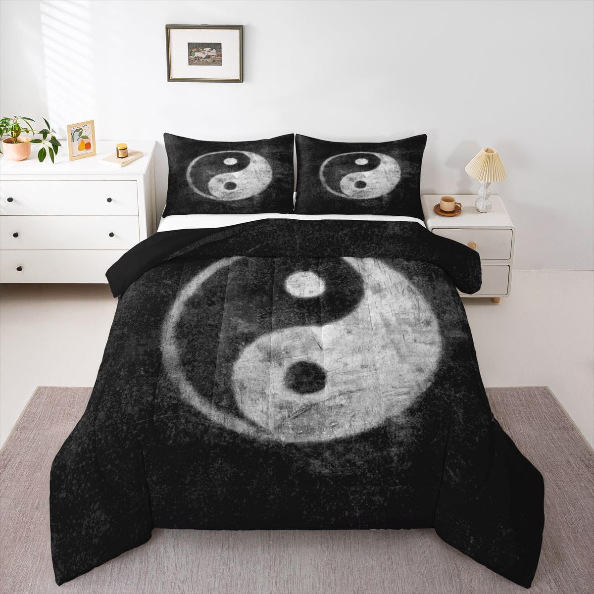 Feelyou Yin Yang Bedding Set for Girls Boys Children Boho Trippy Psychedelic Art Comforter Set Decorative Gossip Pattern Comforter Traditional Ying Yang Theme Duvet Set Twin Size 2Pcs