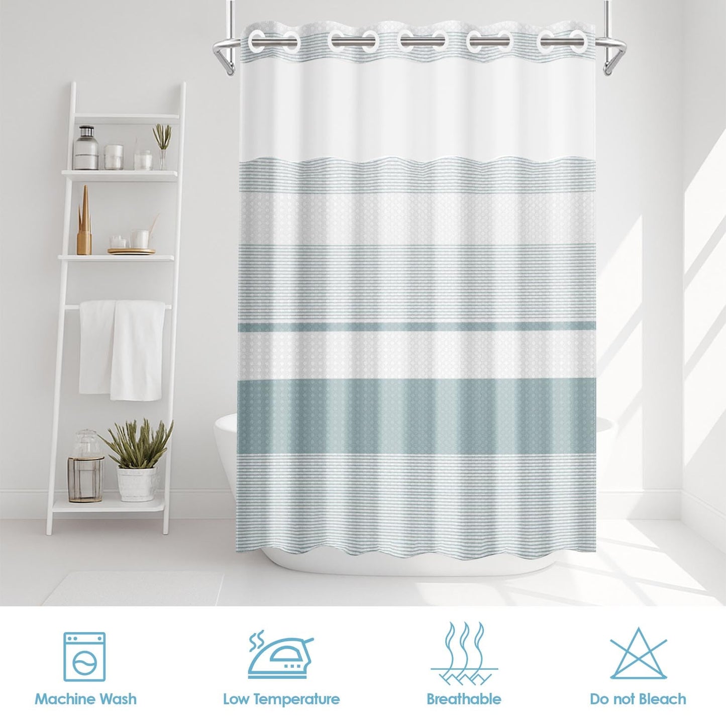 Nesphy No Hook Shower Curtain with Snap in Fabric Liner Set, Teal Striped Waffle Weave Ombre Heavy Duty Bathroom Curtain Set Sheer Mesh Top Waterproof Double Layers Hotel Style, 71x74 Inch