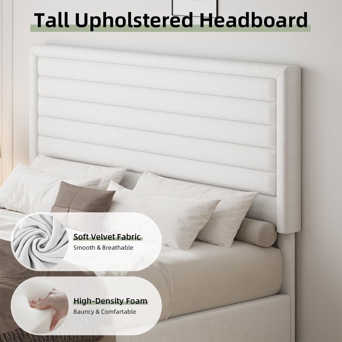 REVOMINCA Full Size Bed Frame, Full Platform Bed Frame with Velvet Upholstered Headboard, No Box Spring Needed, Easy Assembly, White