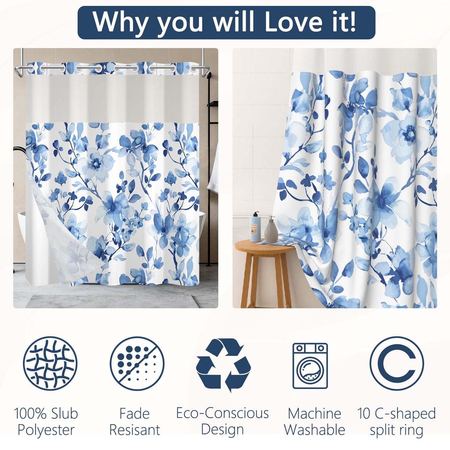 NAEMBCU No Hook Shower Curtain with Snap-in Liner 71x74 Inch