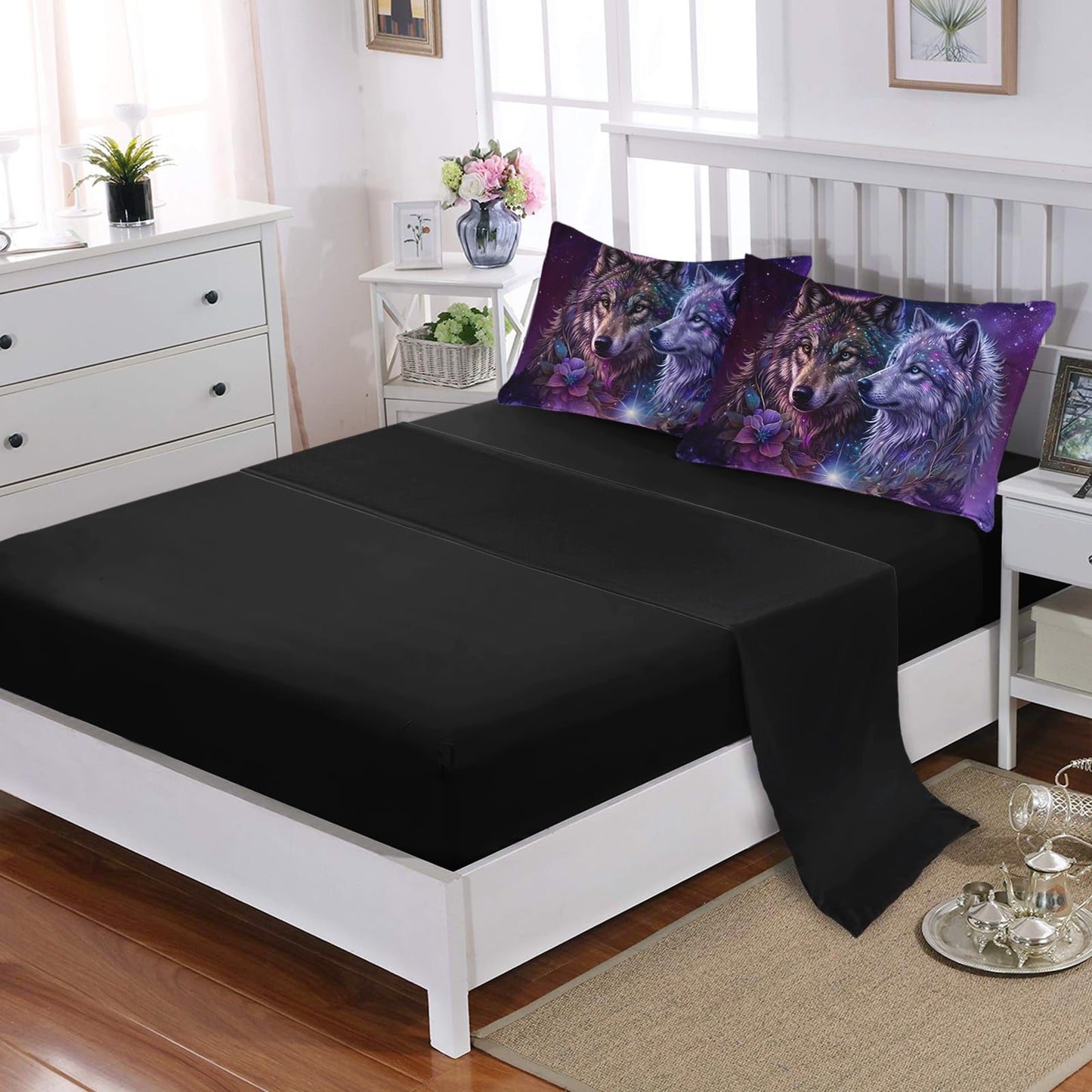 AILONEN Wolf Comforter Bedding Set Full Size,Purple Starry Night Galaxy Bed in a Bag,7Pcs Soft Microfiber Black Comforter,Fitted Sheet,Flat Sheet,2 Pillowcases,2 Pillow Shams