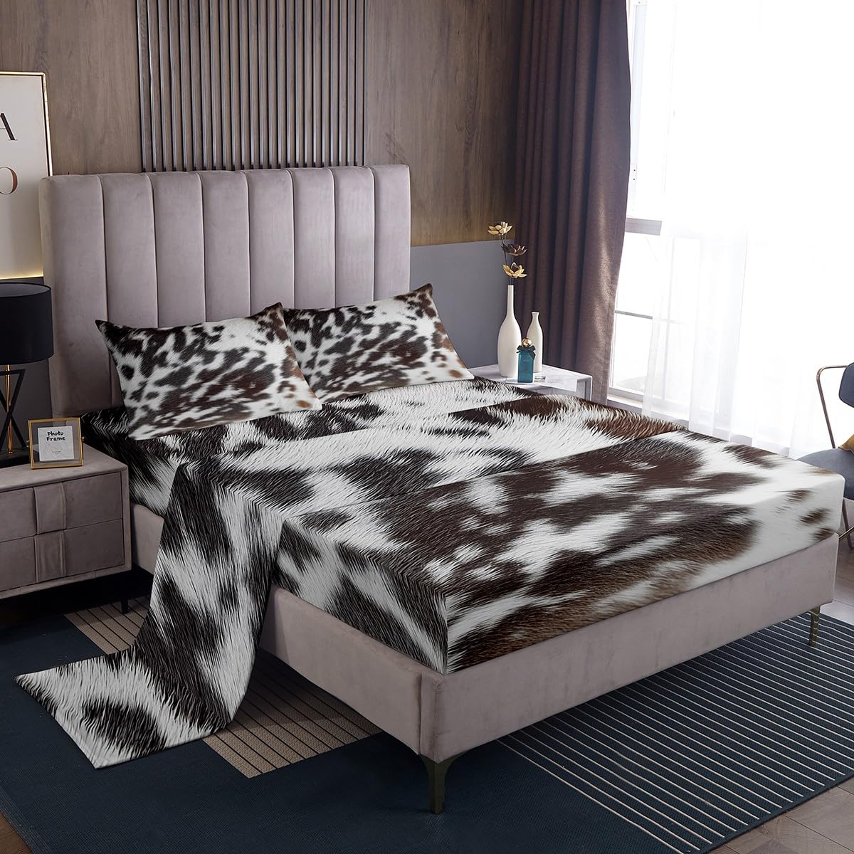 Brown Cowhide Bedding,Aztec Black White Aztec Cow Print Bed Sheet Set King,Western Farm Animal Bed Sheets for Kids Boys Girls Men Women,Rustic Cowboy Cow Fur Fitted Sheet & Flat Sheet 4 Pcs