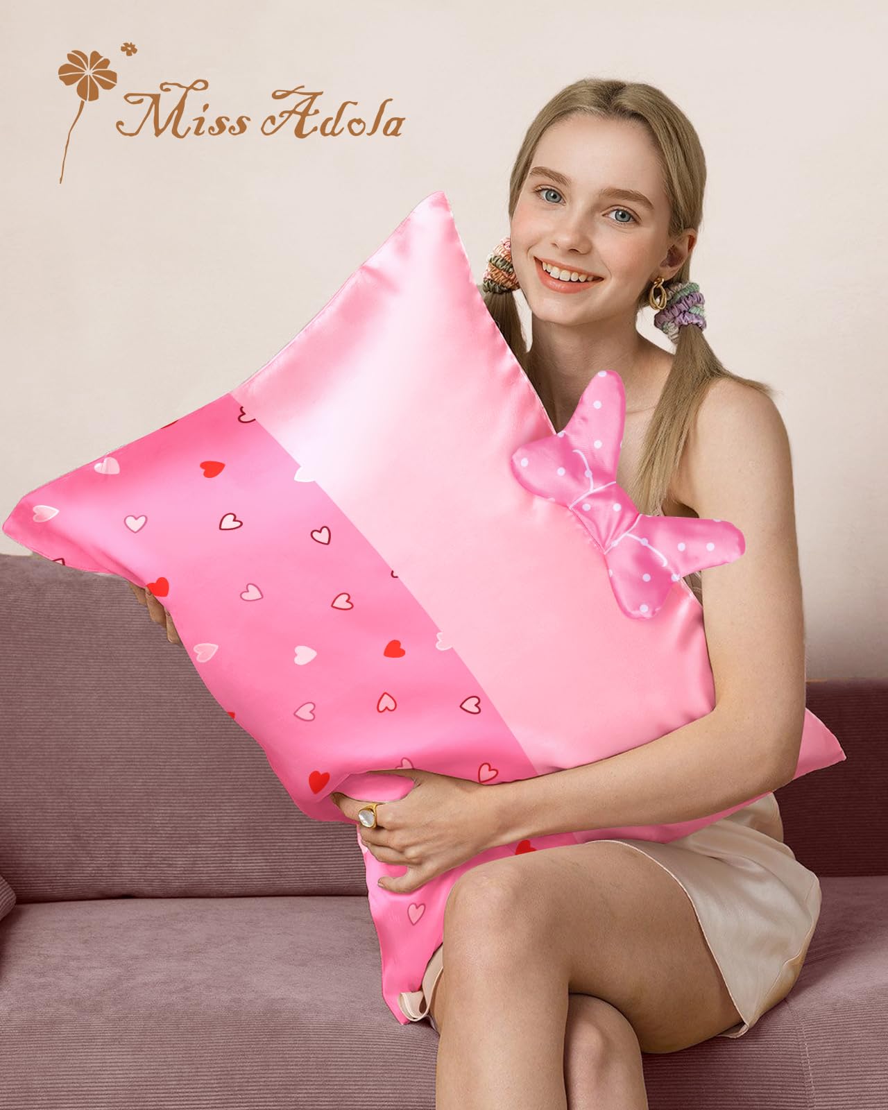 Miss Adola Kids Pillowcases Standard Size 20"x26" - Cute Cartoon Soft Breathable Silk Pillow Cases for Hair and Skin with Hidden Zipper for Women Girls Fun Kawaii Design for Bedding, Point Bow