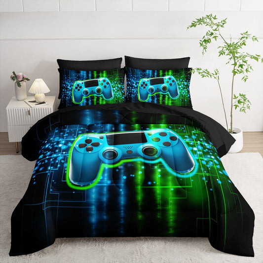 Smell Sunshine 7Pcs Gamer Comforter Set 3D Gamepad Printed Bedding Set with 1 Comforter, 1 Flat Sheet, 1 Fitted Sheet and 4 Pillowcases for Boys and Girls Bedroom (Gamepad Twin