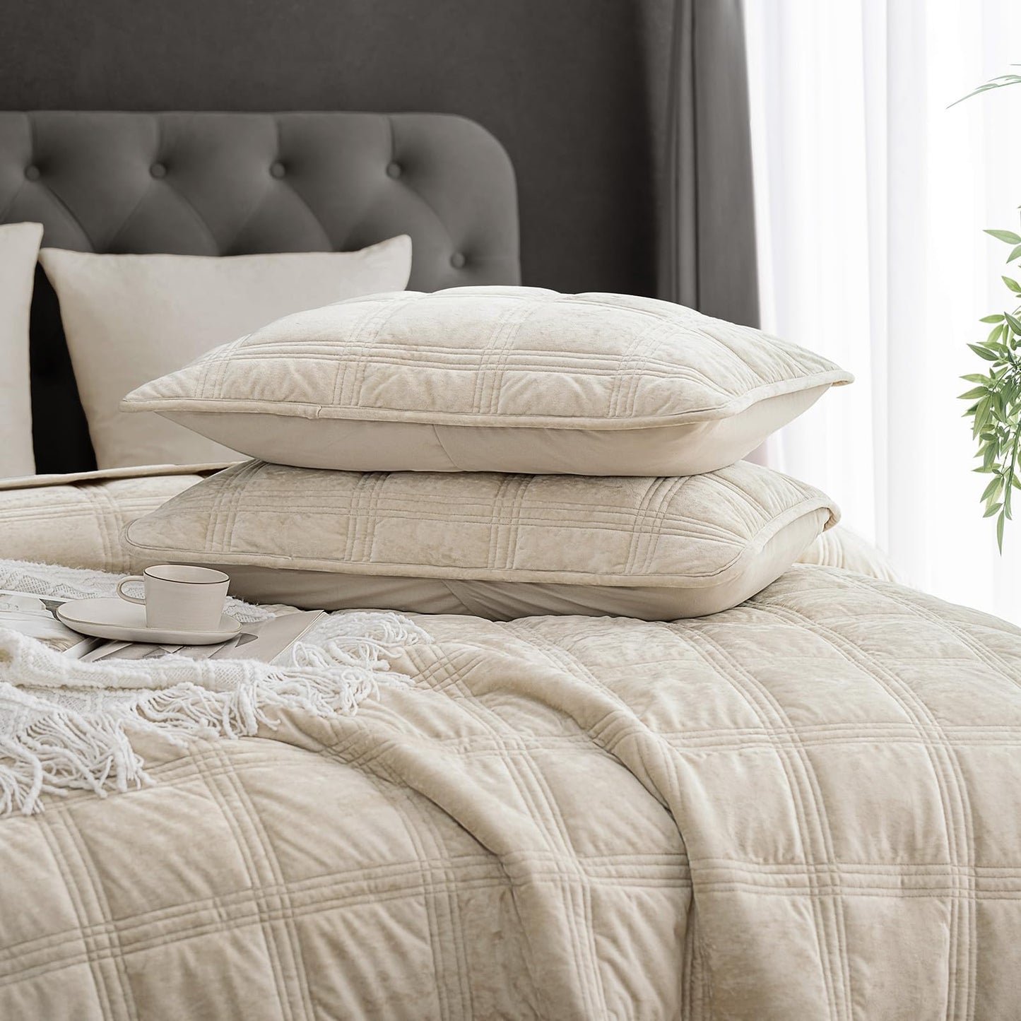 PHF Ultra Soft Velvet Quilt Set Queen Size – 3PCS Luxurious Cozy Quilted Comforter Alternative with Diamond Pattern, Warm Quilted Bedspread Coverlet, 90" x 92", Sand