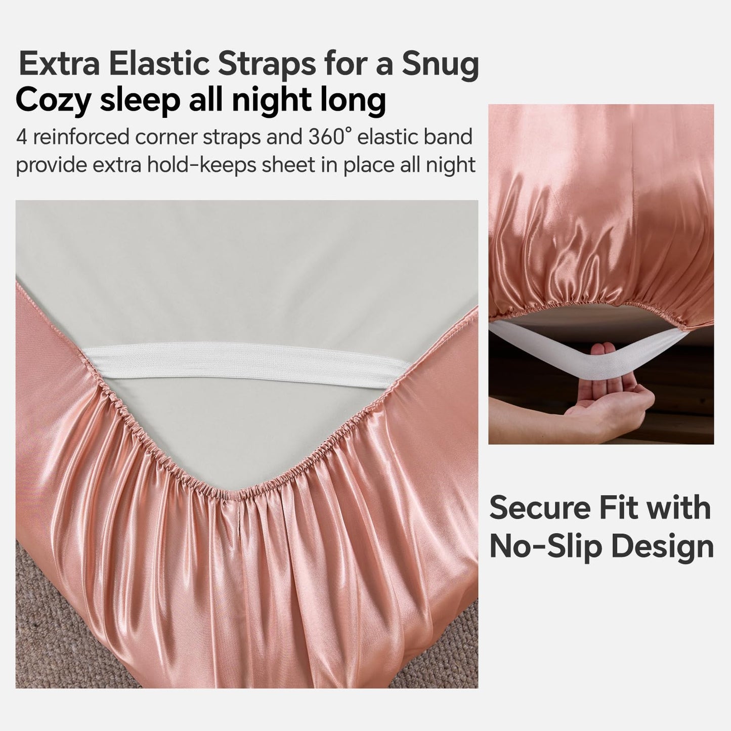 BEDELITE Satin Fitted Sheet Queen with Elastic Corner Straps, Luxury Soft Silk-Like Bed Sheet for Hair & Skin, 1 Deep Pocket Fitted Sheet Only Fits 15" Mattress, Fade & Wrinkle Resistant, Rose Pink