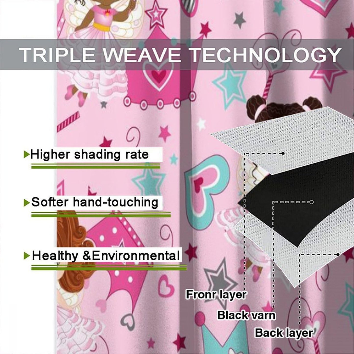 AAVEUP Kids Black Girls Curtains,Cartoon Pink Fantasy Magic Princess Castle Star Love African American Black Girl Window Treatments Drapes for Girls Living Room Bedroom 42x45in（No Blackout）