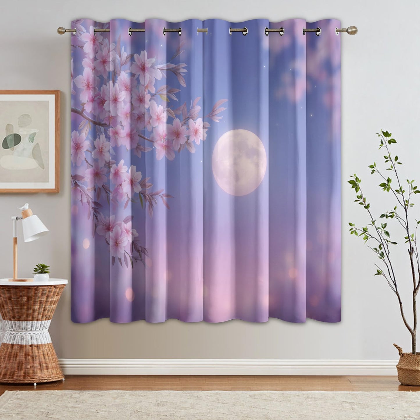 Cherry Blossom Curtains for Kitchen, Romantic Pink Floral Moon 39 Inch Blackout Curtains 2 Panels, Cherry Blossom Room Decor, Thermal Darkening Bedroom Window Drapes 27.5x39, Grommets G/640
