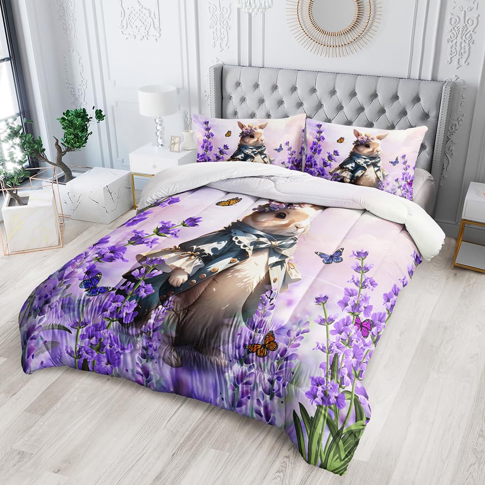XYNHML Lavender Rabbit Comforter Twin Kids Rabbit Bedding Set Cute Bunny Quilt Bed Set Bedroom Decor Includes 1 Comforter, 2 Pillowcases for Girls Boys Teens
