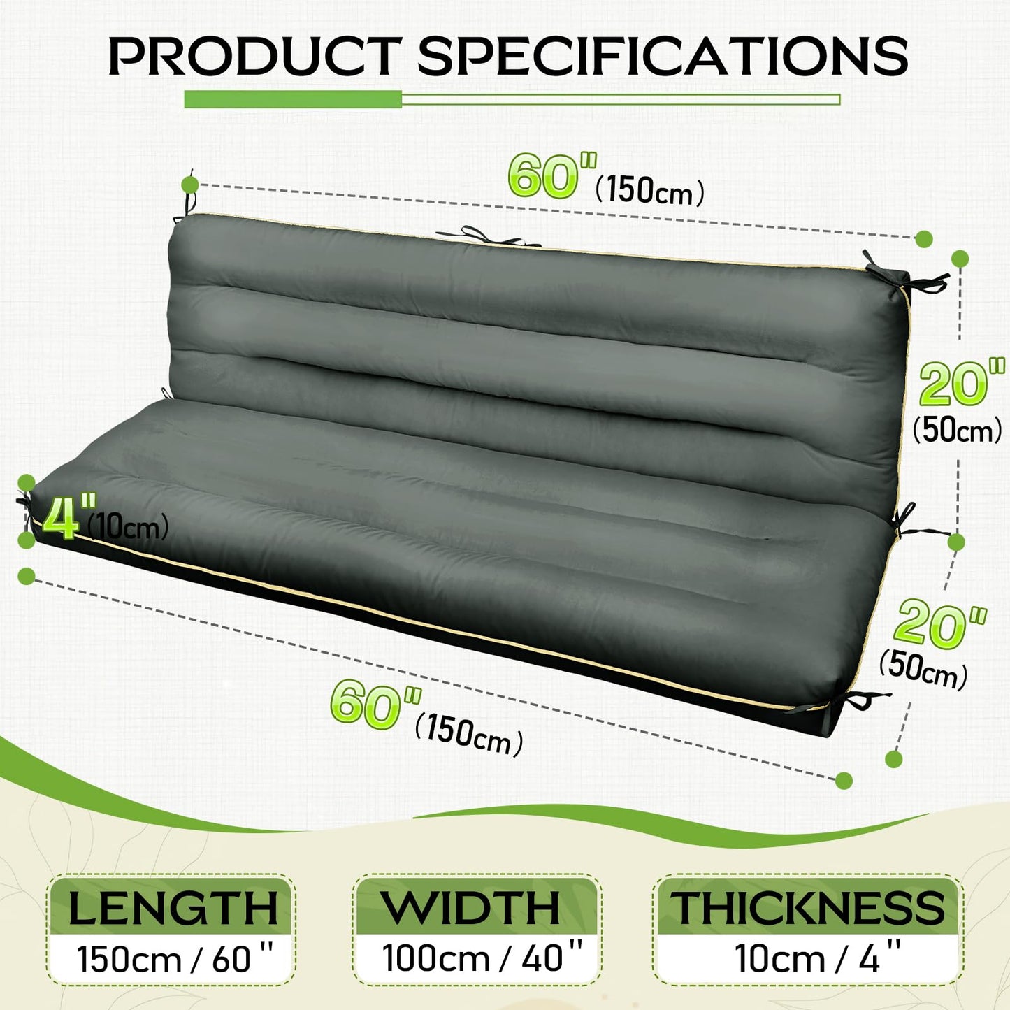 AS AWESLING 60×40 INCH Outdoor Swing Cushion with Backrest, Tie Straps & Memory Foam - Replacement for Porch Bench 2/3 Seater, Oxford Fabric (Gray, 60 INCH × 40 INCH)