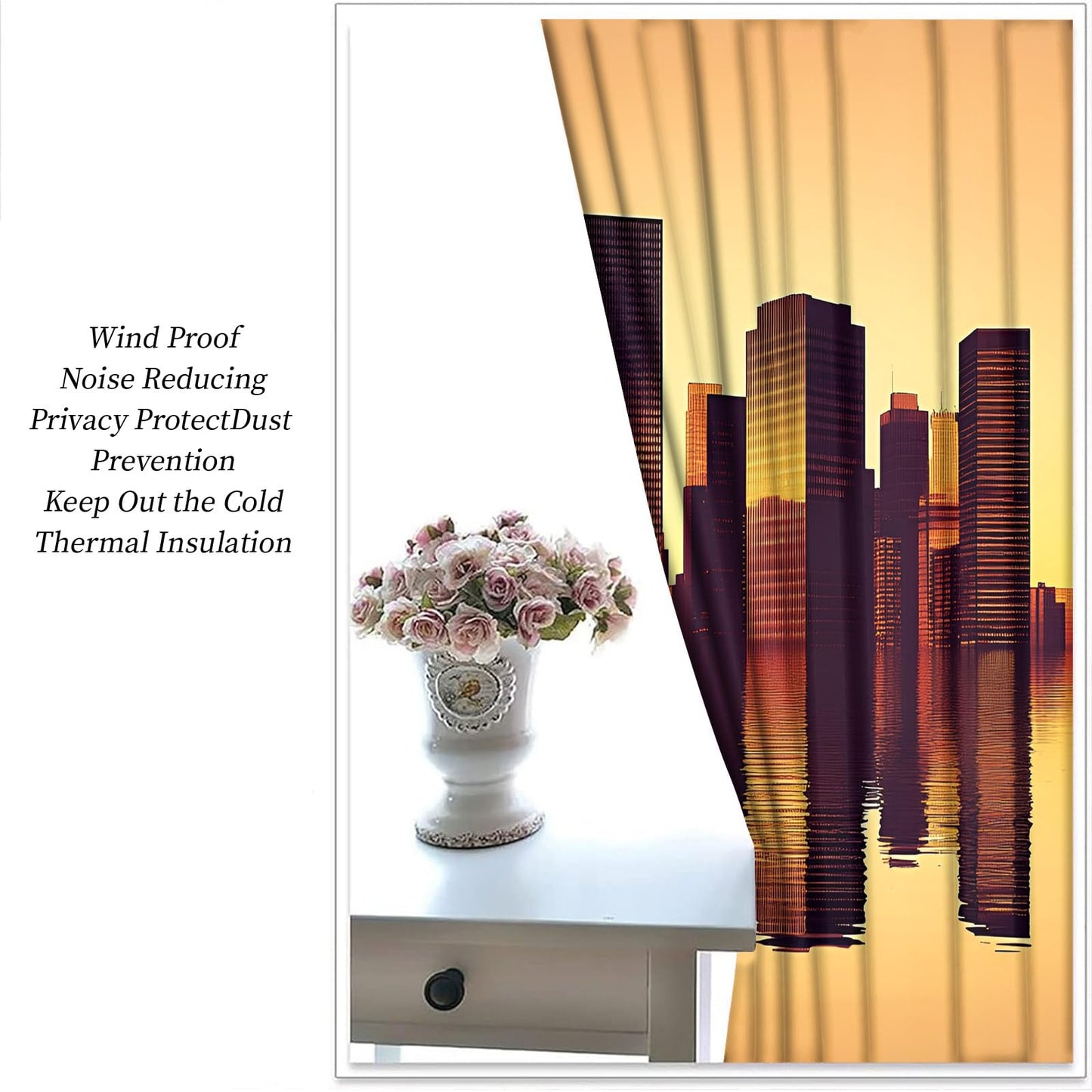 XAFIAUR City Skyscrapers Blackout Curtains, Skyline Curtains for Living Room, Sunset Reflections Black Out Bedroom Curtain Thermal Insulated Grommet Drapes 2 Panels, for Boys Room 31.5" W x 45" L x2