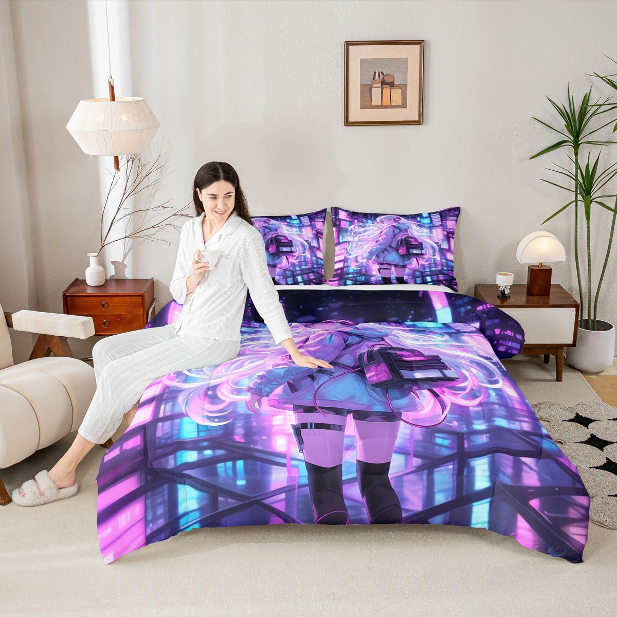 Erosebridal Japanese Girl Bedding Set Girly Anime Twin Down Comforter for Kids,Sci Fi Style Gaming Comforter Set Room Decor 2 Pcs,3D Cartoon Anime Girl Duvet Insert 1 Pillow Case