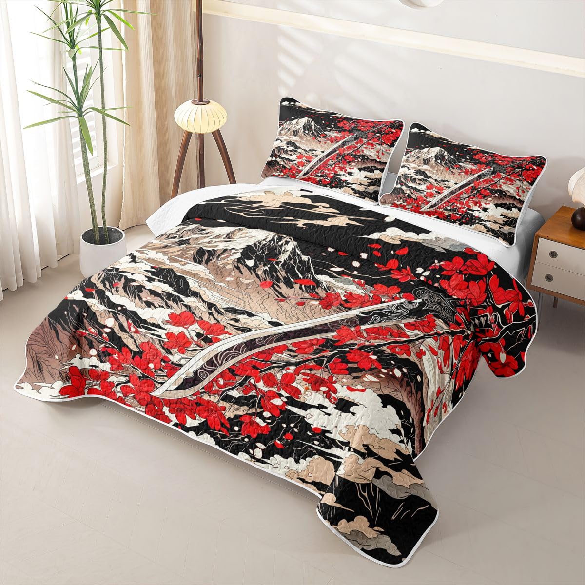 Erosebridal Japanese Style Quilts Twin Size - Red Japanese Cherry Blossoms Bedspread Coverlet Set, Mount Fuji Quilt Coverlets 2Pcs (Only 1 Pillowcase)