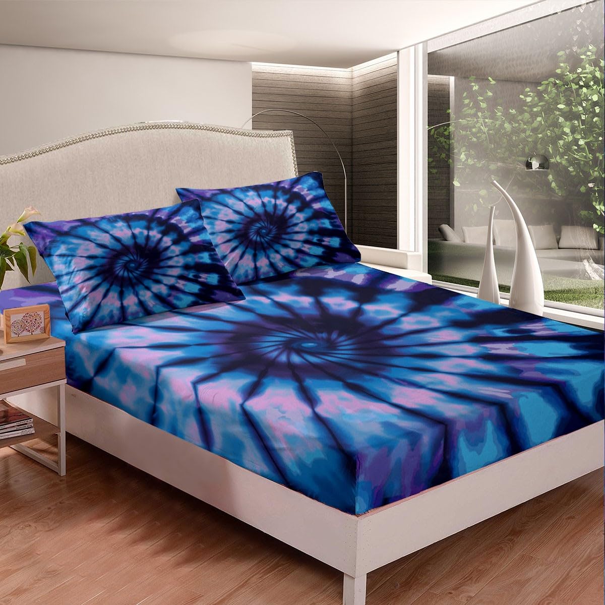 Purple Tie Dye Bed Sheets Blue Spiral Tie Dye Fitted Sheet, Hippie Bedding Sets Boho Bohemian Gypsy Hippie Bedding Decor Set 2 Piece, Abstract Printed Deep Pocket Fitted Sheet+1 Pillowcase,Twin