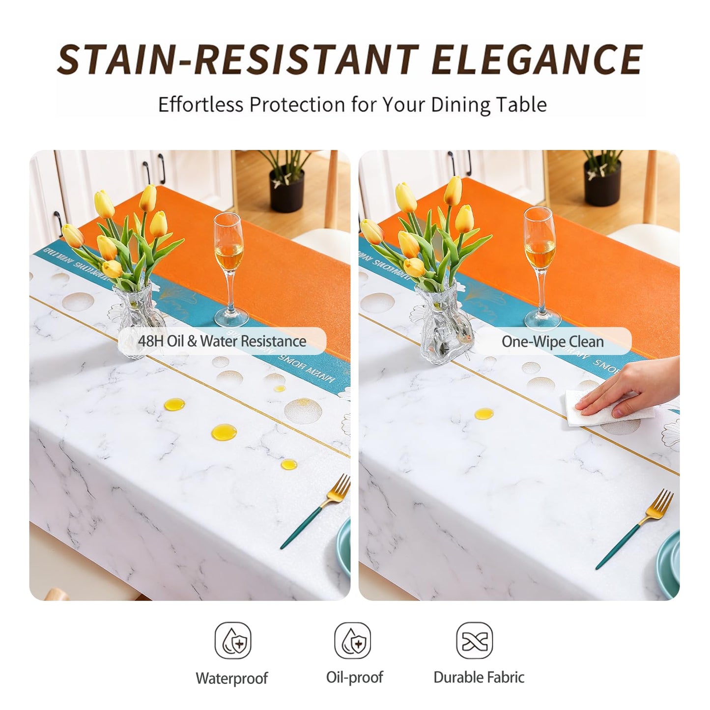Qvthpv 55 * 70 inch Rectangle Tablecloth, Waterproof, oilproof and heatproof Functions，Just Wipe Gently and There's no Need for Washing for Dining Wedding and Outdoor (Ginkgo - Blue Orange)