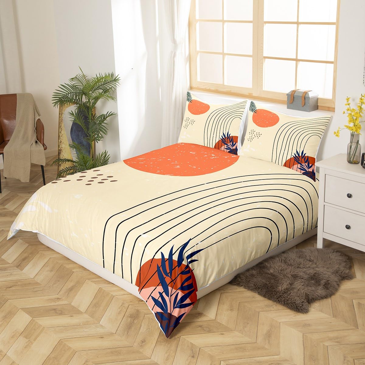 Retro Minimalism Comforter Cover Hippie Modern Bed Set, Mid Century Duvet Cover Queen Size Abstract Art Bedding Sets, Geometric Lines Stripes Bedspread Cover Red Sun Print Bedroom Decoratives