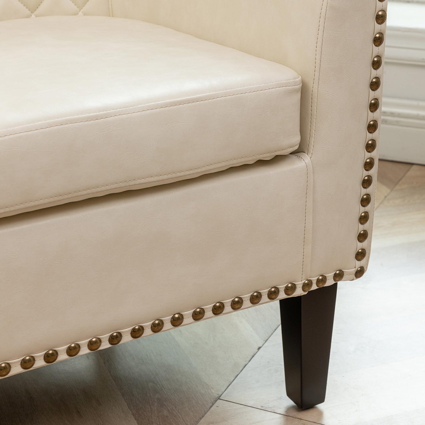KINWELL 29" W Modern Faux Vegan Leather Barrel Chair, PU Upholstered Tufted Accent Club Chairs with Nailhead Trim, Small Armchair for Living Room Bedroom Apartment Lounge Nursery, Cream