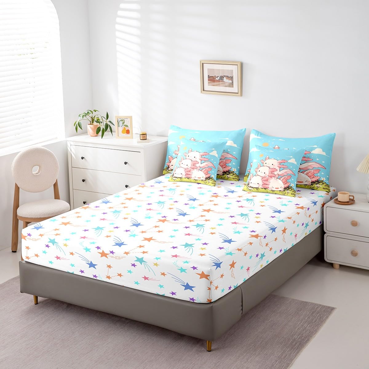 Feelyou Kids Cute Axolotl 7 Pieces Bedding Set Twin Size, Cartoon Salamander Bed in A Bag Ocean Sealife Comforter Set with Sheets Boys Girls Kawaii Animal Teens Bed Set Bedroom Decor 7Pcs