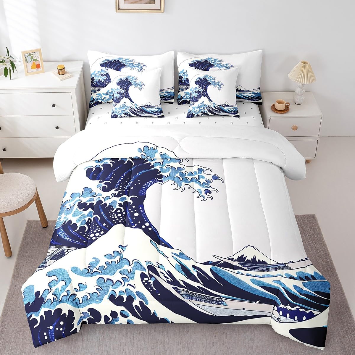 Erosebridal 7 Pcs Japanese Style Comforter Set Twin Sea Ocean Waves Bedding Sets for Men Women Adults Japanese-Style Hand Drawn Quilt with Flat Fitted Sheet Illustration Ukiyoe Themed Bed in A Bag